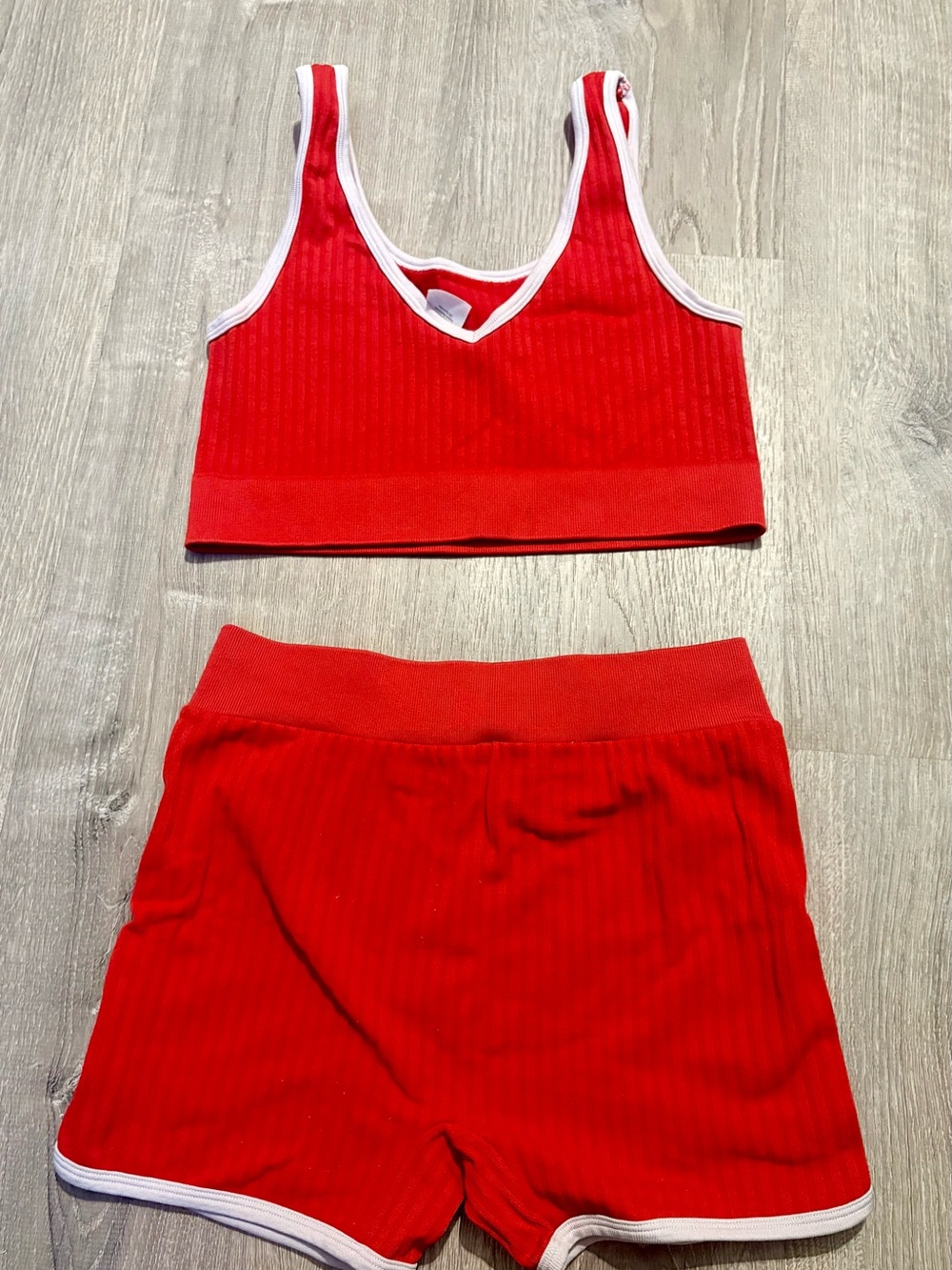 No Boundaries Red Ribbed Lounge Crop Top & Shorts Set with White Trim